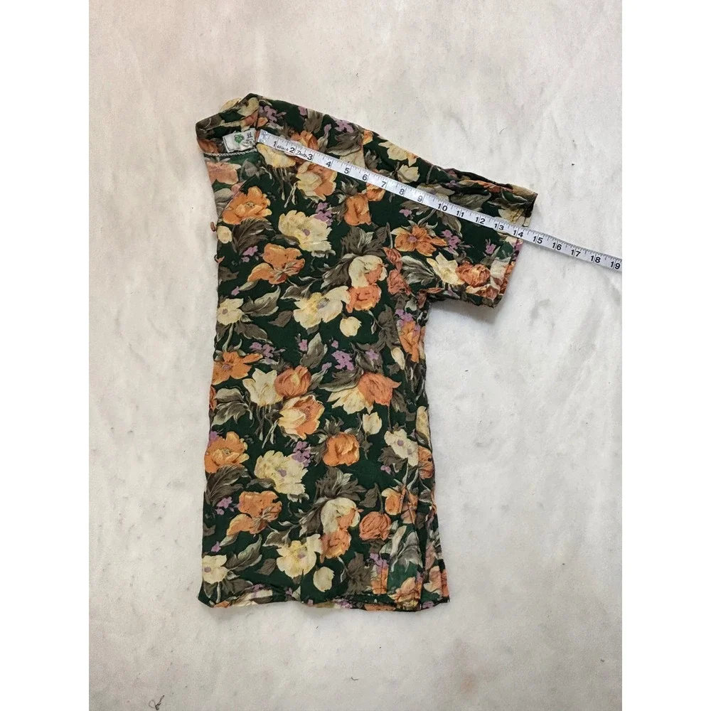 Vintage Silk‎ Floral Button Up Short Sleeve Blouse Green Orange Yellow - Picture 8 of 9